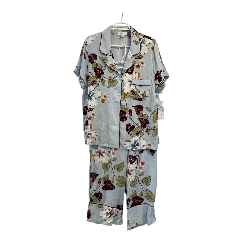 NWT In Bloom By Jonquil Blue Floral Pajama Set Shirt Sleeve Top  Size XL